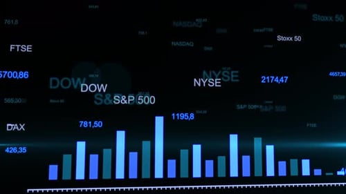Stock market data. Financial graphs with blue raising arrow
