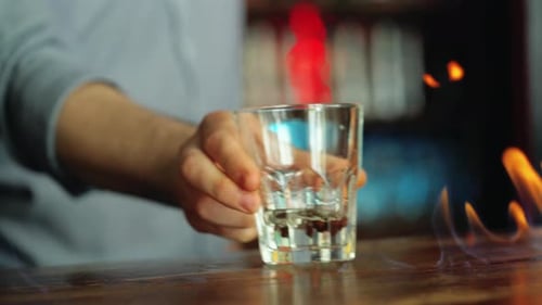 Shot of Whiskey on Fire at a Bar