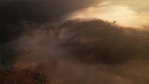 4K Aerial view of Mountains landscape with morning fog.