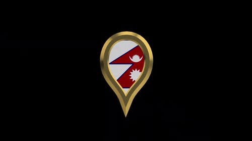 Golden 3D Map Pin Icon with Rotating Nepal Flag