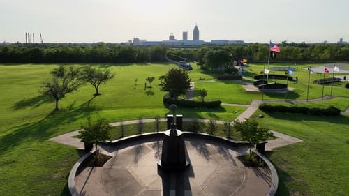 Aerial view of a war memorial at the USS Alabama Battleship Memorial Park