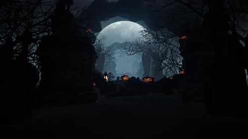 Spooky Halloween Graveyard with Moon and Flying Pumpkins