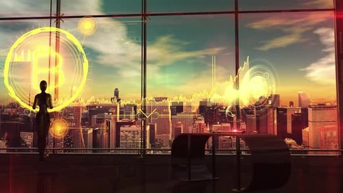 Futuristic Bitcoin Holographic Data Display Over Cityscape