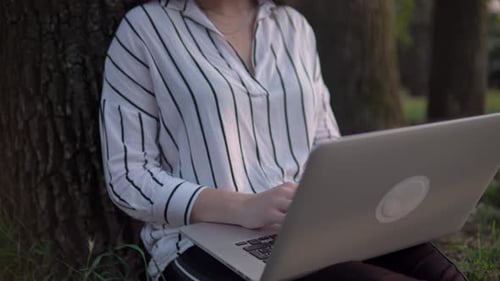 Fernarbeitende Frau mit Laptop Freelancer im Freien im Park