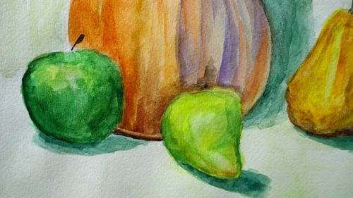 Watercolor Still Life of Pumpkin, Apple, Pear