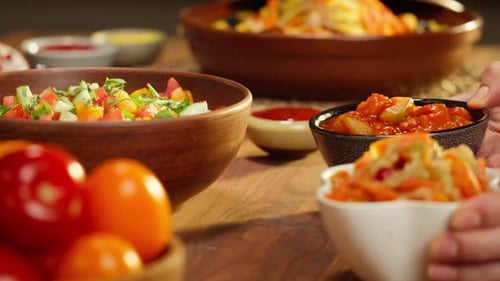 Delicious vegetable salad variations served in bowls
