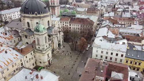 Aerial view of a drone flying over the building
