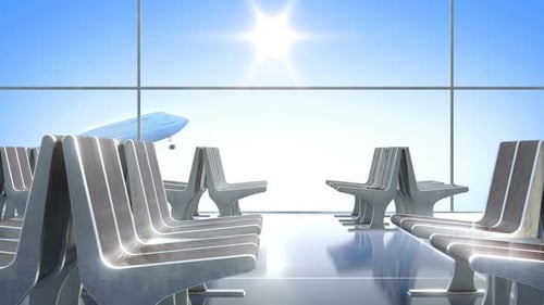 Passenger Airplane Taking Off Seen From Departure Hall