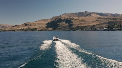 Drone Following Boat On Popular Summer Destination Lake Chelan Washington