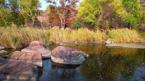 A Fast Clean Stream Runs Among Smooth Wet Stones Surrounded By Tall Dry Lumps