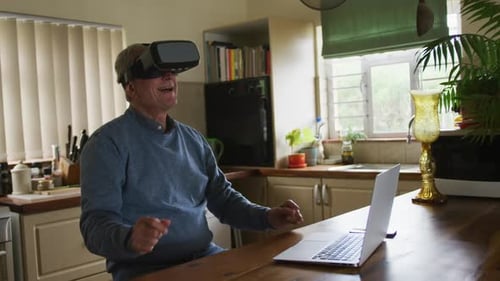 Adult Using VR Headset in Home Kitchen
