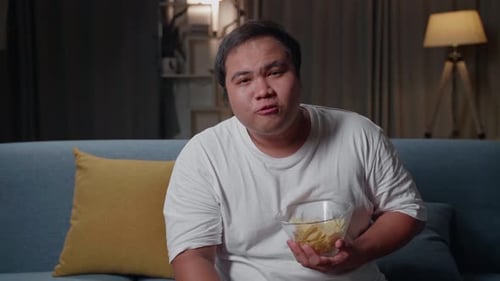 Man Eating Chips on the Couch at Night