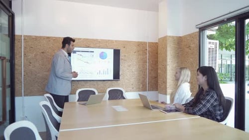 Group of business people meeting, presenting a project on TV screen in office seminar