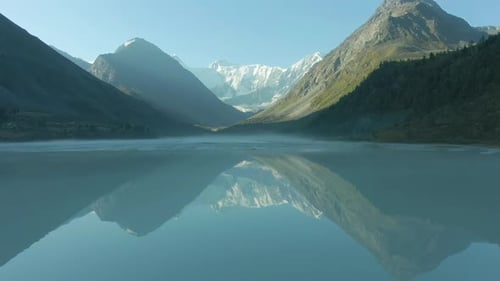 Akkem Lake and Altai Mountains in Sunny Day. Siberia, Russia. Aerial View