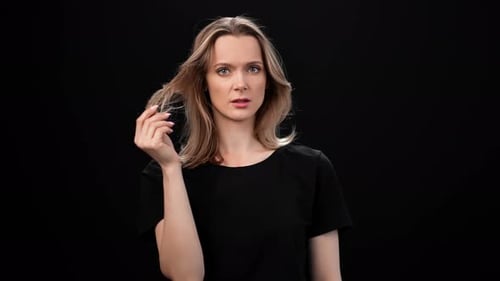 Upset Woman Touching Dry Damaged Hair Negative Emotion Isolated