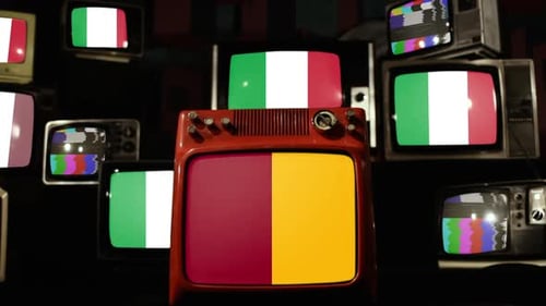 Retro Televisions Displaying Static and Flags