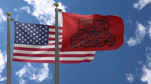 American and Indigenous Peoples Flags Waving Against Blue Sky