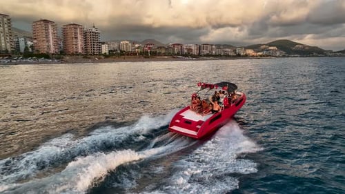 Sports Boat Sails Fast on the Sea Aerial View 4 K