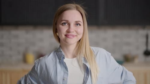 Beautiful Smiling Confident Young Woman Pretty Face Looking at Camera Posing Alone at Home in Office