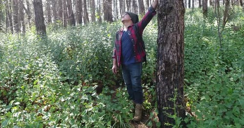 Male Hiker Resting by Tree in Forest