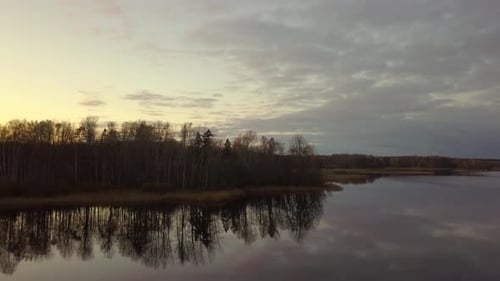Aerial the Morning Drone, Autumn Sunrise, Reflections on Water Surface and Forest