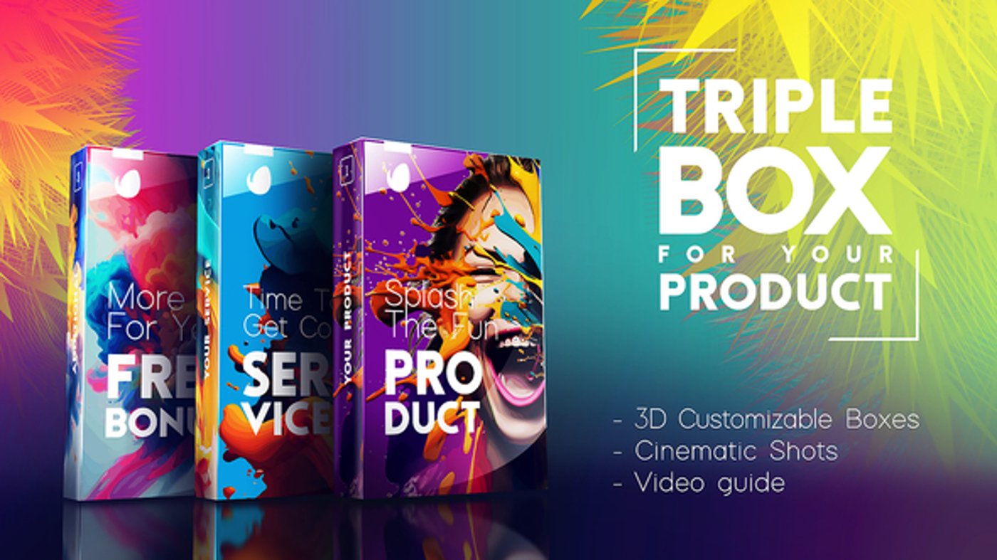 Triple 3D Product Box Presentation with Colorful Splashes, Product ...
