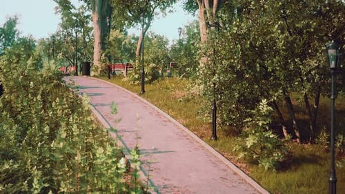 Realistic 3D Render of a Winding Park Path with Green Trees