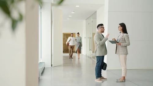 Businesspeople Talking and Walking Indoors in Light Office Building Corridor