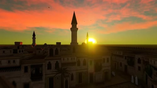 Mosquée de la ville et paysage au coucher du soleil