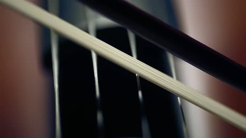 Cello strings and close-up bow in dark light. Playing on cello. Symphony orchestra. Concept of music