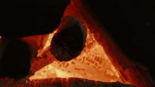 Glowing Embers and Burning Wood Close Up