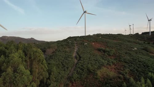 Green Hillside with Wind Turbines Aerial View