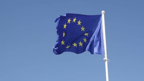 European Union recognizable symbol on pole in slow-mo 1920X1080 HD footage - Slow motion of EU fl