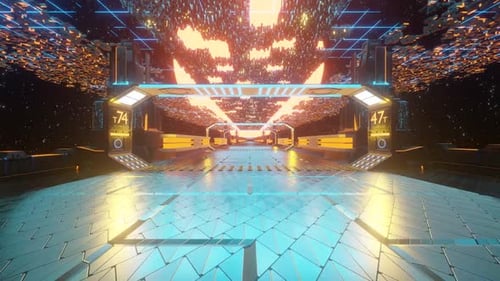 Flying into space technological tunnel, sci-fi corridor. Futuristic technology