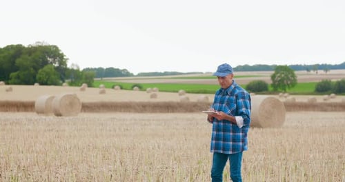 Farmer Using Tablet in Harvested Wheat Field