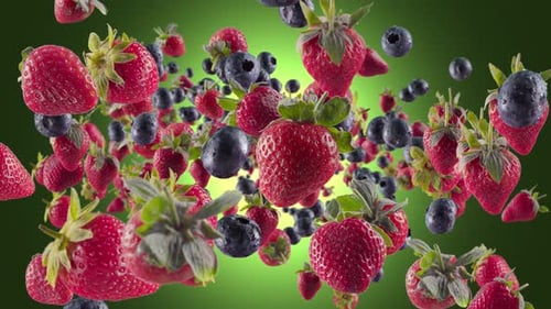 Burst of Strawberry Blueberry in Deep Green Background