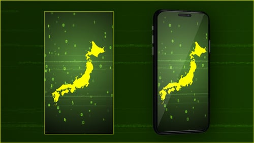 Digital Japan Map Reveal with Glowing Binary Code