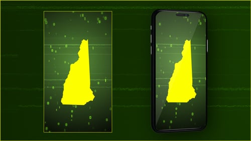 New Hampshire Digital Map Reveal with Binary Data Background