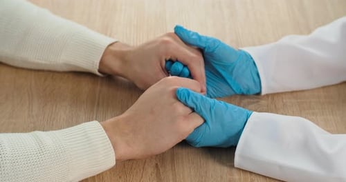Close Up Human Part of Body Cropped Shoot Doctor's Hands in Latex Blue Gloves Holding Male Patient