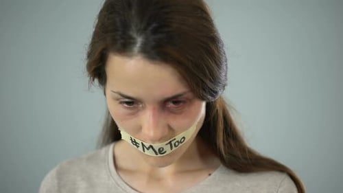 Me Too Hashtag on Taped Mouth of Woman, Support for Domestic Violence Victims