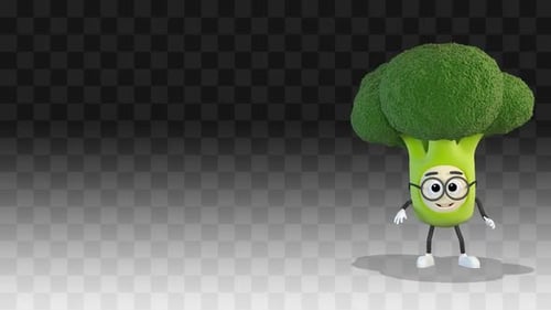 Animated Cute Broccoli Character with Glasses Entrance and Wave
