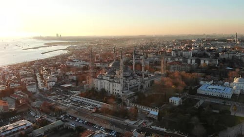 Evening Aerial Panorama of Istanbul Overlooking Blue Mosque.