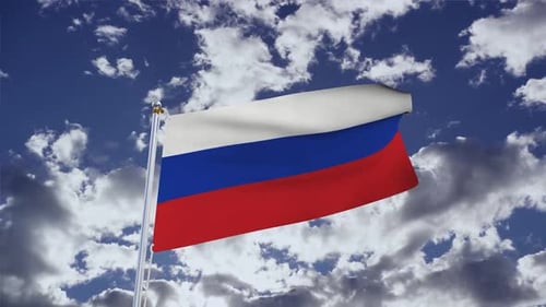 Realistic Russian Flag Waving Against Blue Sky