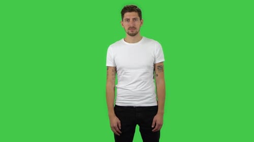 Selbstbewusster Kerl sieht ehrlich aus und lächelt, Greenscreen