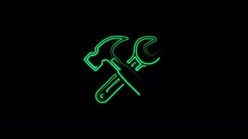 Neonlinie, Symbol mit gekreuztem Hammer und Schraubenschlüssel, isoliert auf violettem Hintergrund. Hardware-Werkzeuge