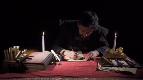 Historical Young Man Writes at Candlelit Desk