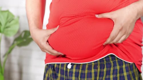 Man's Hand Holding Excessive Belly Fat Overweight Concept