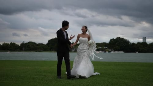 Slow motion Of Wedding Bride Happy Fun walking and running in the park