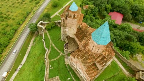 Aerial view on top of Gremi church in Shilda village, historical heritage