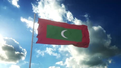 Maldives National Flag Waving in Blue Sky
